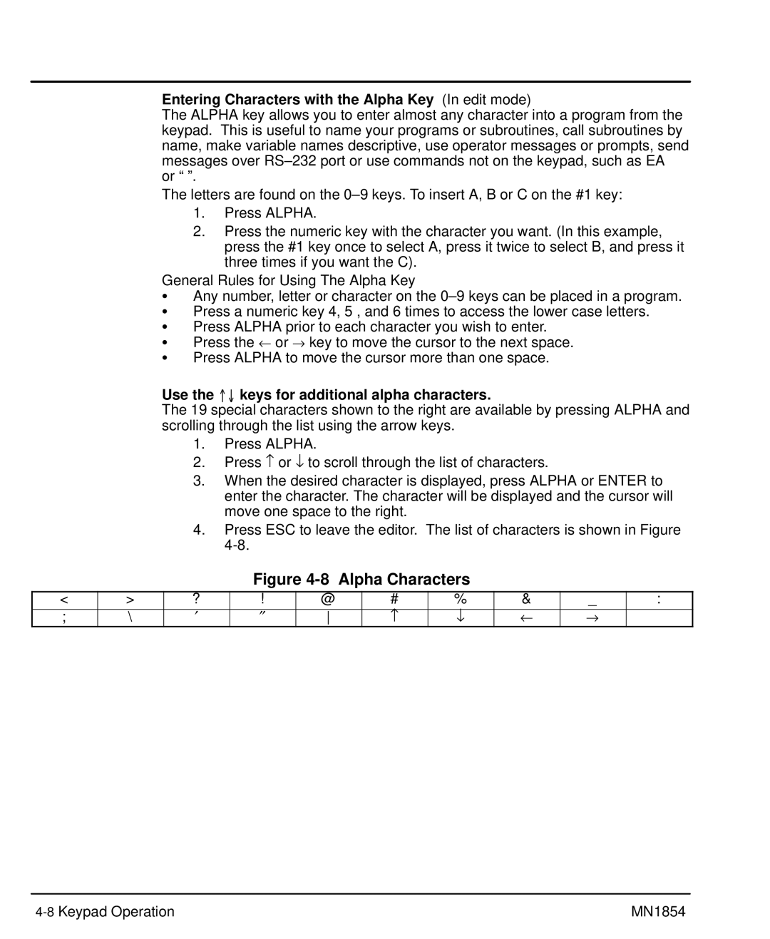 Baldor mn1854 manual Entering Characters with the Alpha Key In edit mode, Use the =O keys for additional alpha characters 