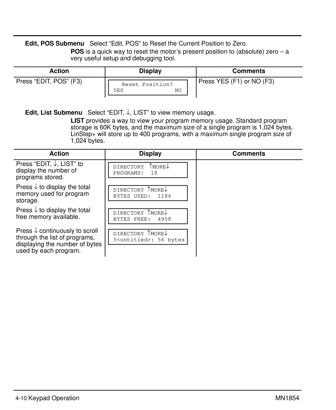 Baldor mn1854 manual Press EDIT, POS F3 Press YES F1 or no F3, Press EDIT, ↓ , List to, Display the number 
