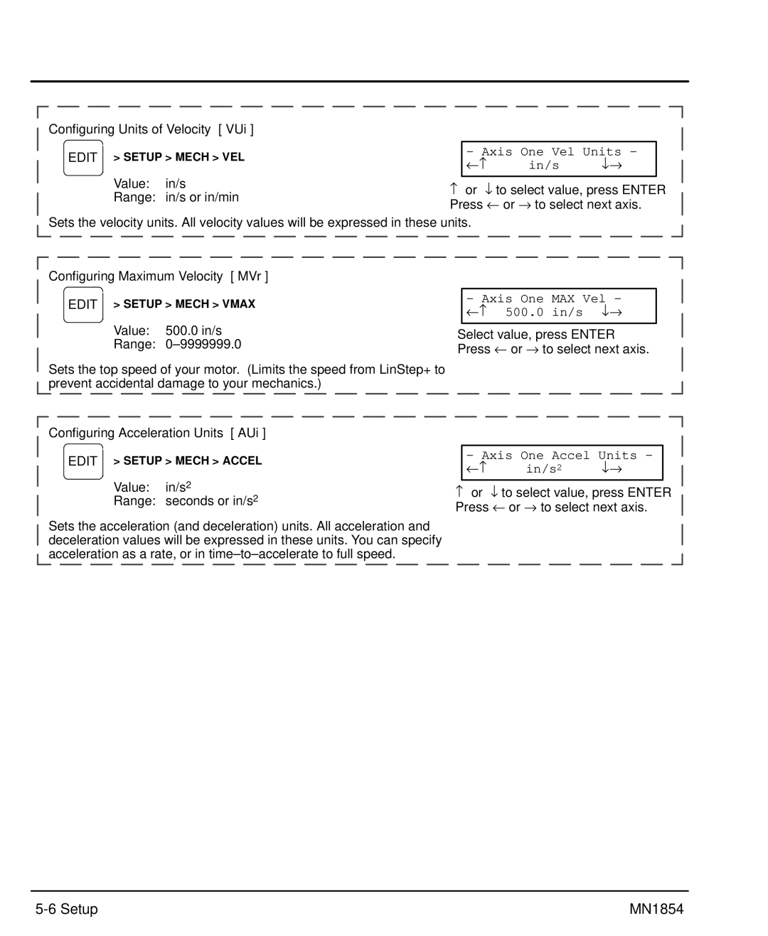 Baldor mn1854 manual Axis One Vel Units In/s, Edit, Axis One MAX Vel, 500.0 in/s ↓→, Axis One Accel Units In/s 