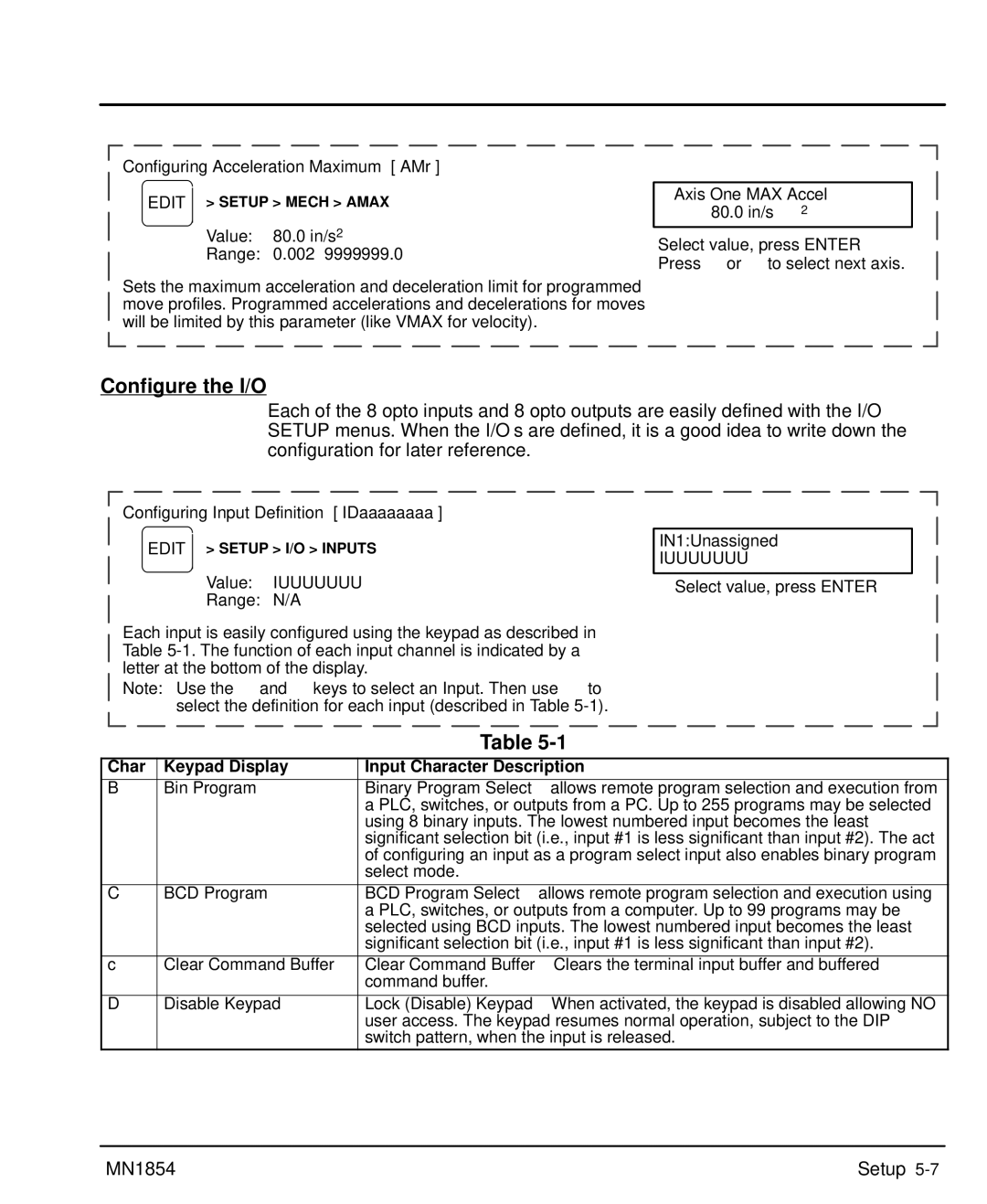 Baldor mn1854 manual Configure the I/O, Iuuuuuuu ←↑↓→, Char Keypad Display Input Character Description 