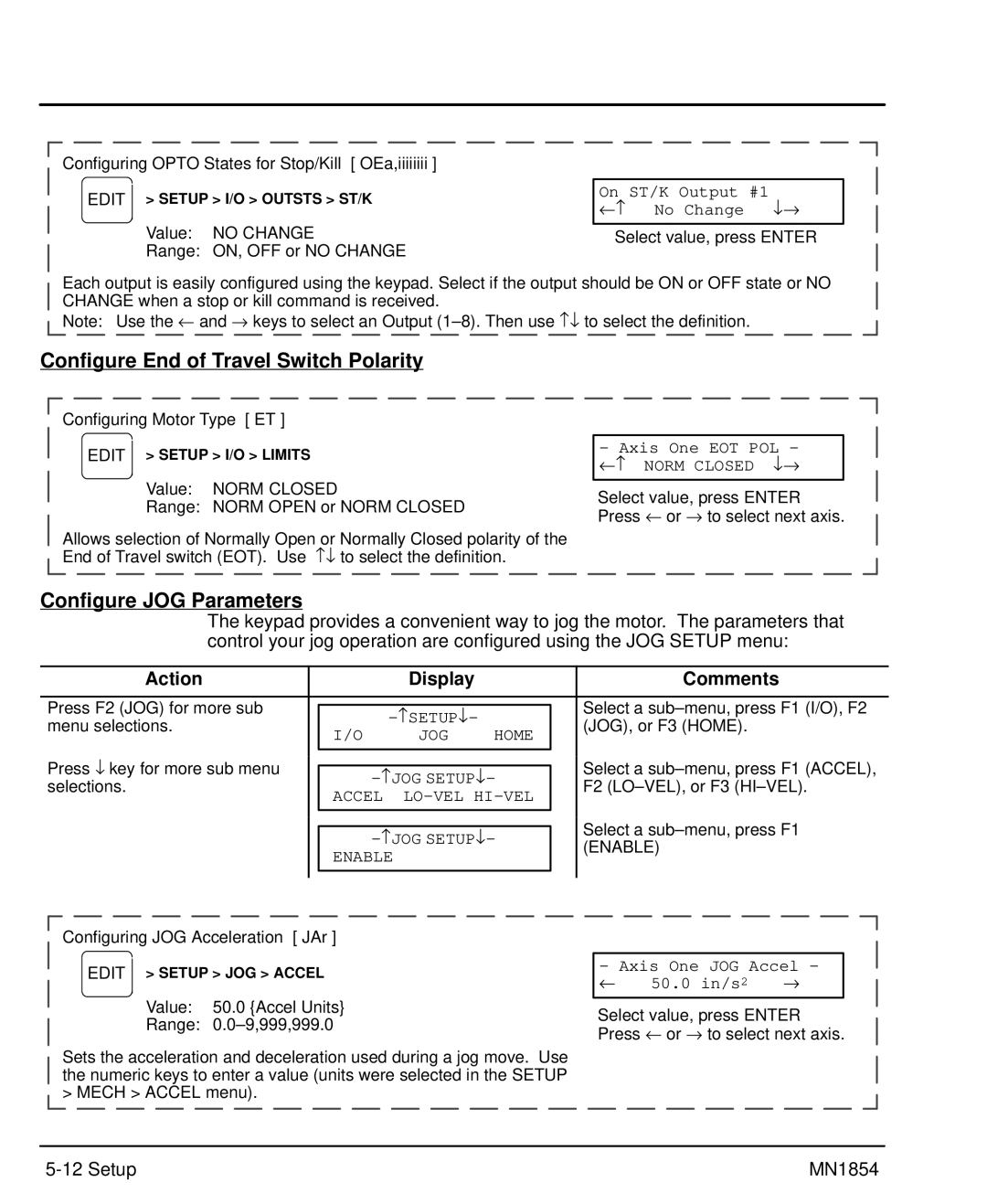 Baldor mn1854 manual Configure End of Travel Switch Polarity, Configure JOG Parameters, Accel LO-VEL HI-VEL, Enable 