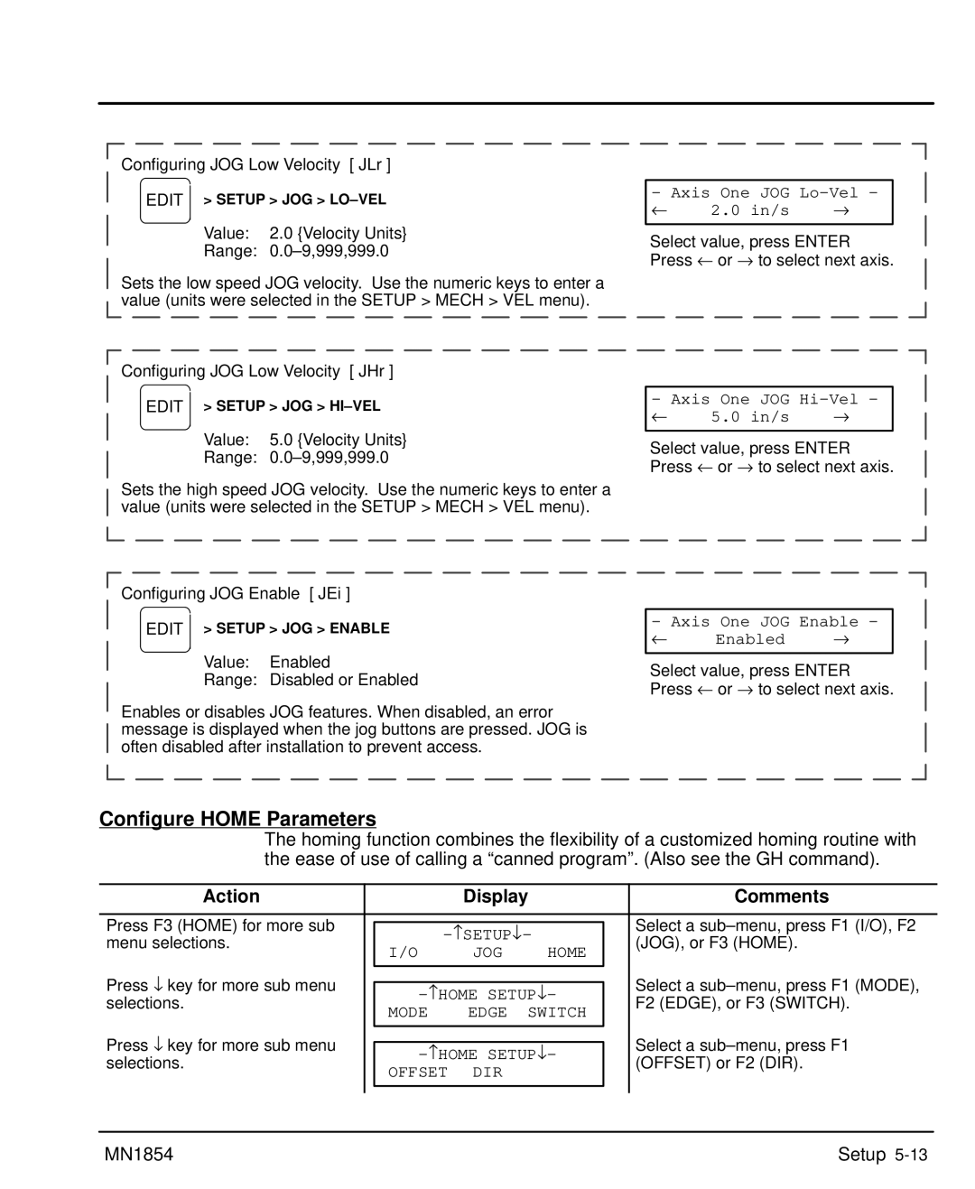 Baldor mn1854 manual Configure Home Parameters, Mode Edge Switch, Offset DIR 