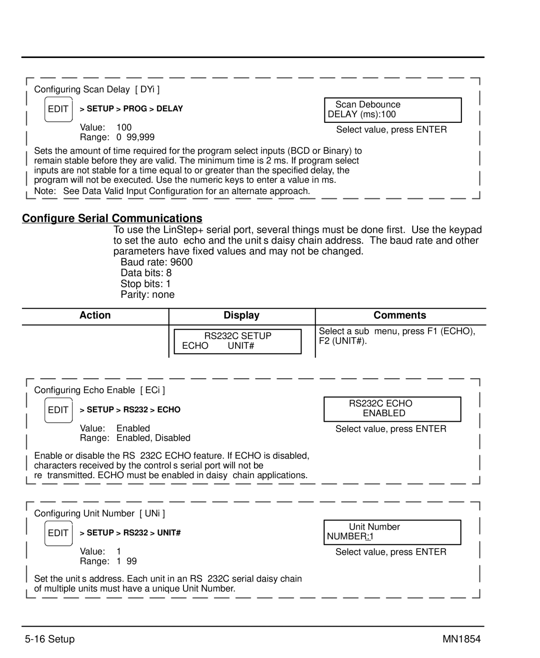 Baldor mn1854 manual Configure Serial Communications, RS232C Setup, Echo UNIT#, ↑ Enabled ↓ 