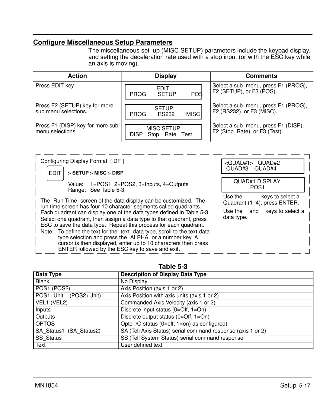 Baldor mn1854 manual Configure Miscellaneous Setup Parameters, Data Type Description of Display Data Type 