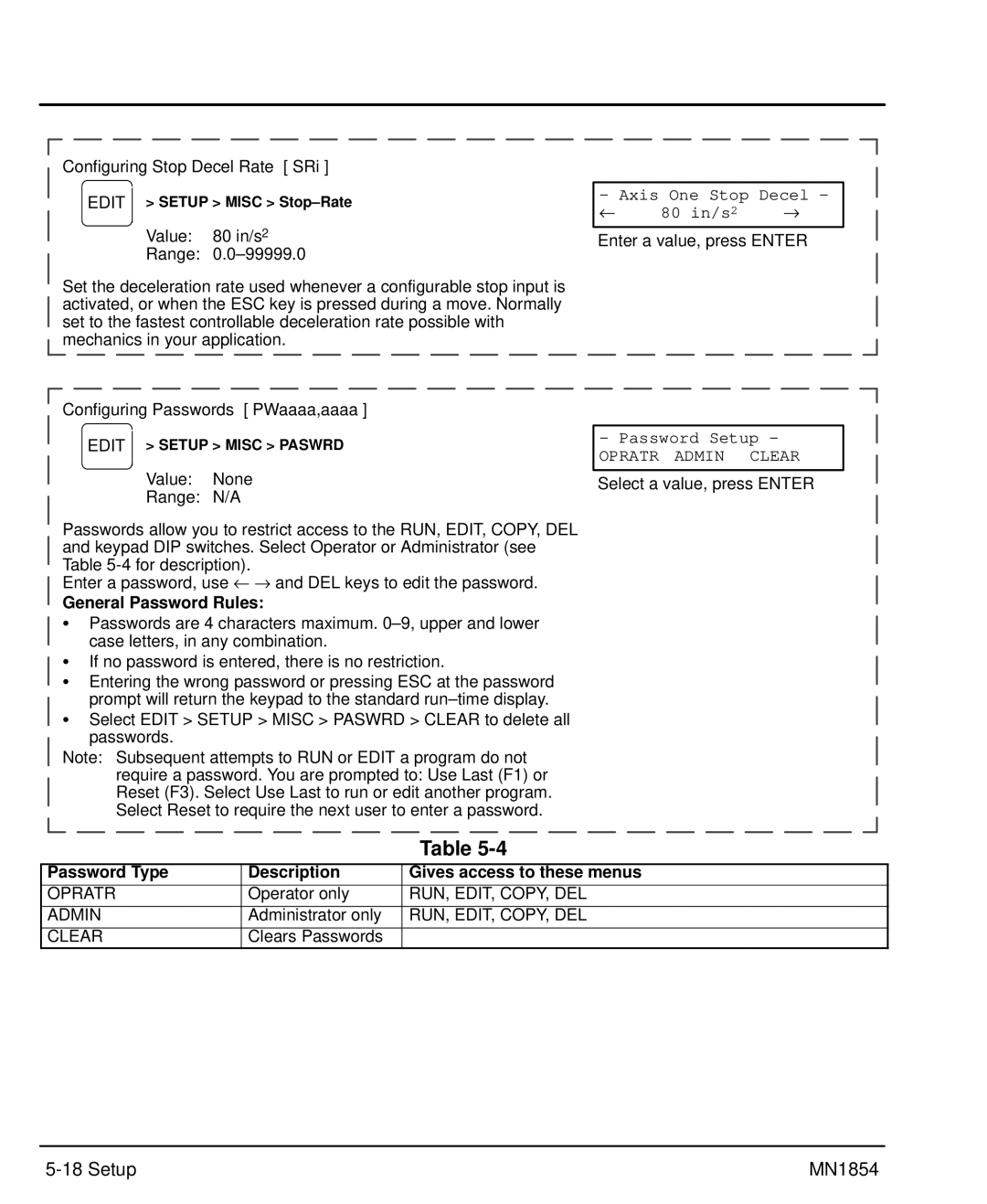 Baldor mn1854 manual Axis One Stop Decel 80 in/s, General Password Rules, Password Setup, Opratr Admin Clear 