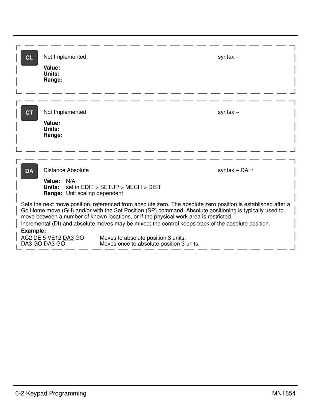 Baldor mn1854 manual Keypad Programming MN1854, Value Units Range, Example, AC2 DE.5 VE12 DA3 GO DA3 GO DA3 GO 