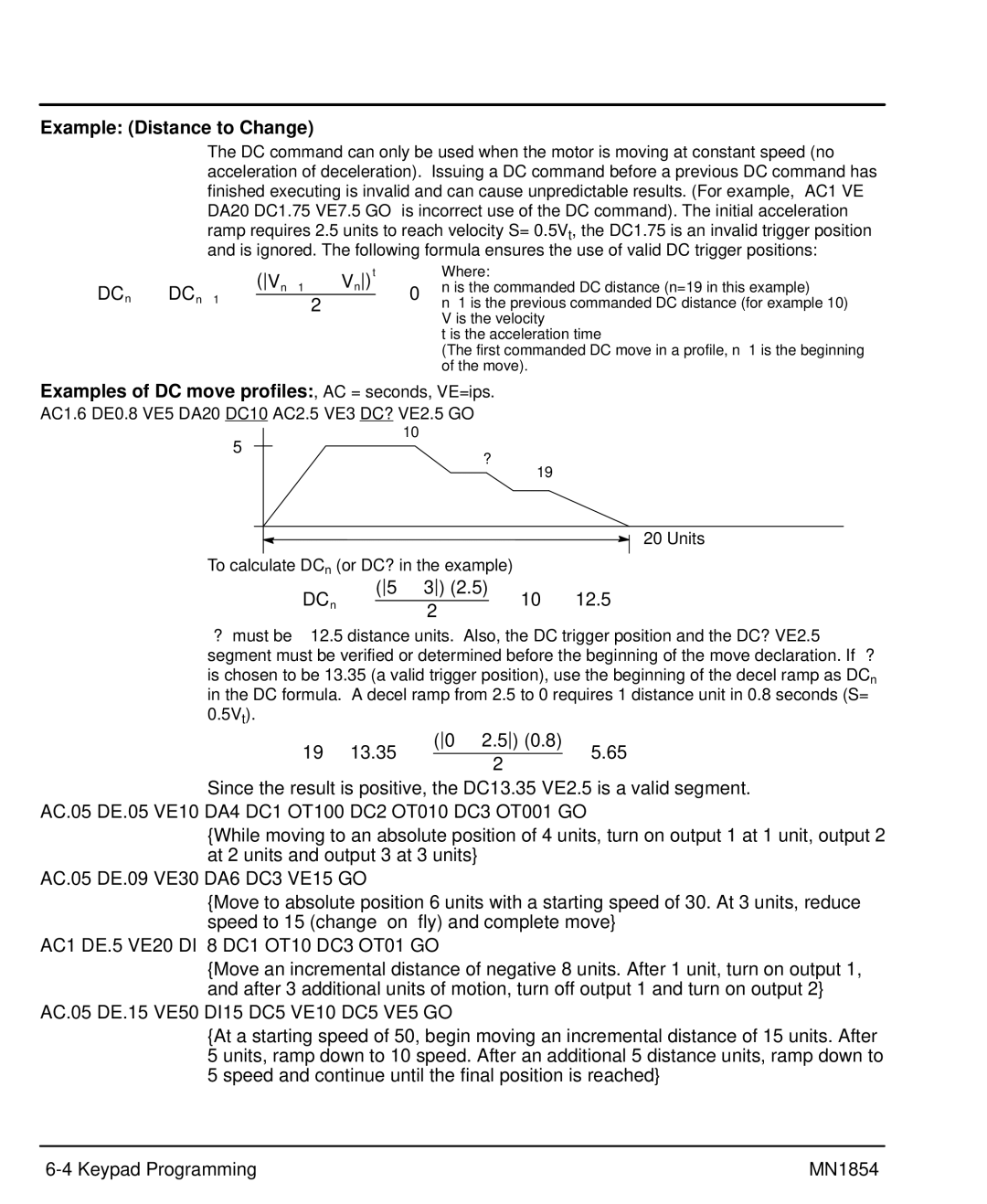 Baldor mn1854 Example Distance to Change, DCn * DCn*1 * Vn*1 2* Vnt w, Examples of DC move profiles, AC = seconds, VE=ips 