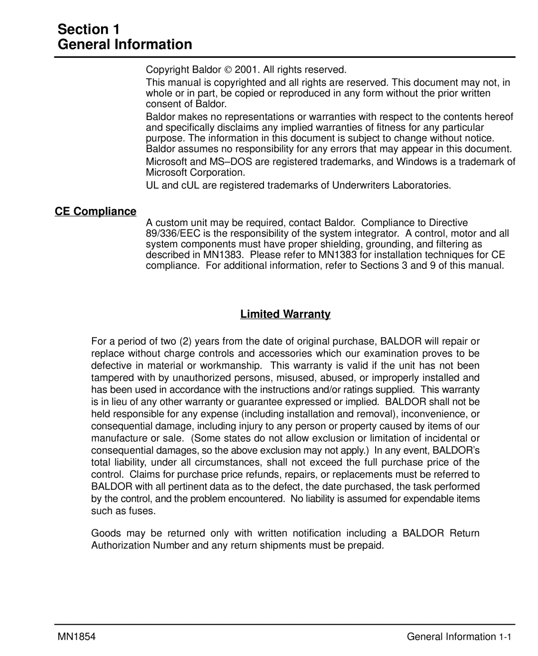 Baldor mn1854 manual Section General Information, CE Compliance, Limited Warranty 