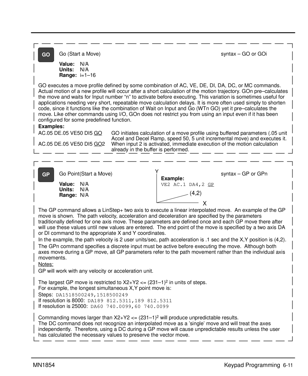 Baldor mn1854 manual GO Go Start a Move Syntax GO or GOi, Value N/A Units N/A Range i=1-16, AC.05 DE.05 VE50 DI5 GO 