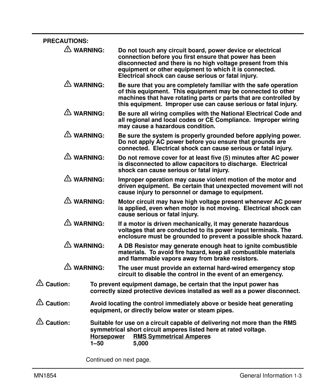 Baldor mn1854 manual Do not touch any circuit board, power device or electrical, May cause a hazardous condition 