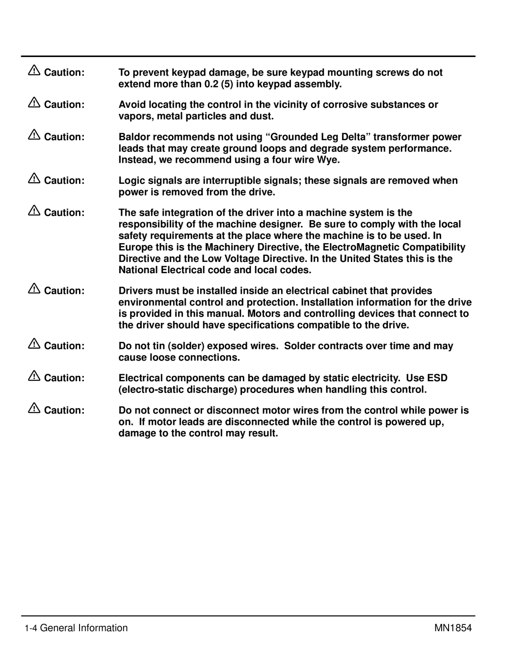 Baldor mn1854 manual Extend more than 0.2 5 into keypad assembly, Vapors, metal particles and dust, Cause loose connections 