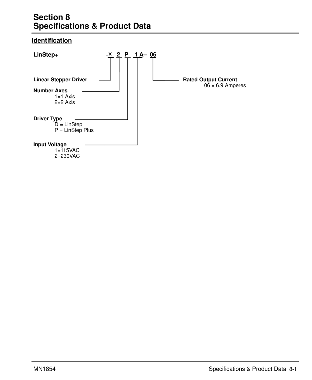 Baldor mn1854 manual Section Specifications & Product Data, Identification, LinStep+ LX 2 P 1 a 