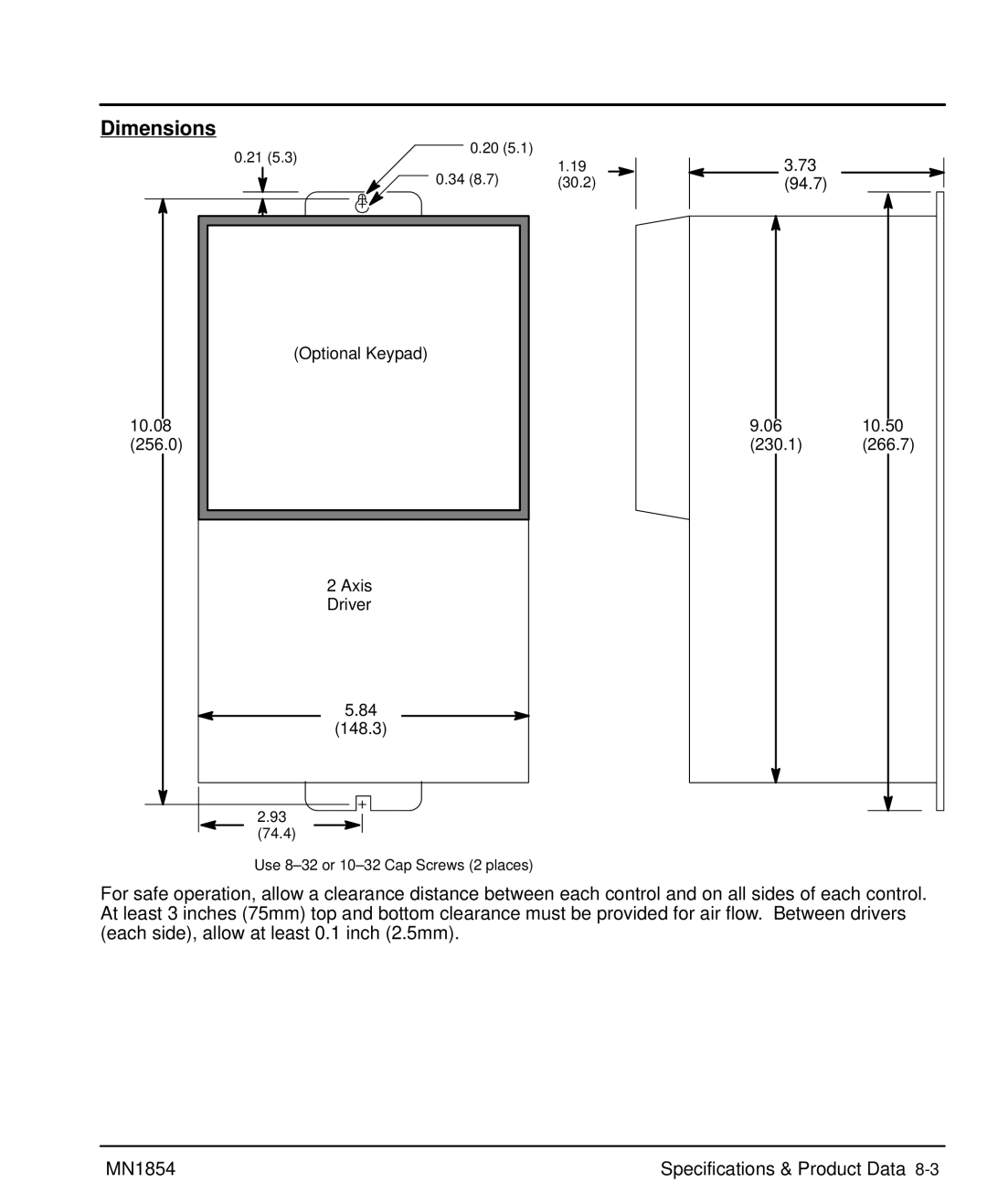 Baldor mn1854 manual Dimensions, Optional Keypad 10.08 256.0 Axis Driver 148.3, 94.7 230.1 