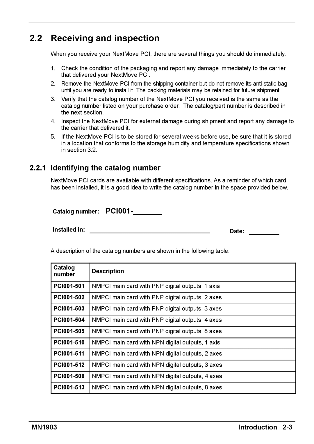 Baldor MN1903 Receiving and inspection, Installed, Identifying the catalog number, Catalog number PCI001, Date 