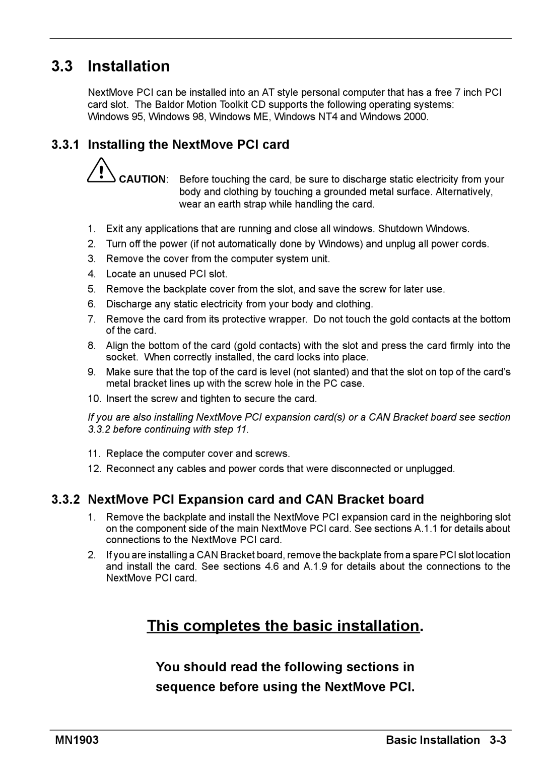 Baldor MN1903 installation manual Installation, This completes the basic installation, Installing the NextMove PCI card 