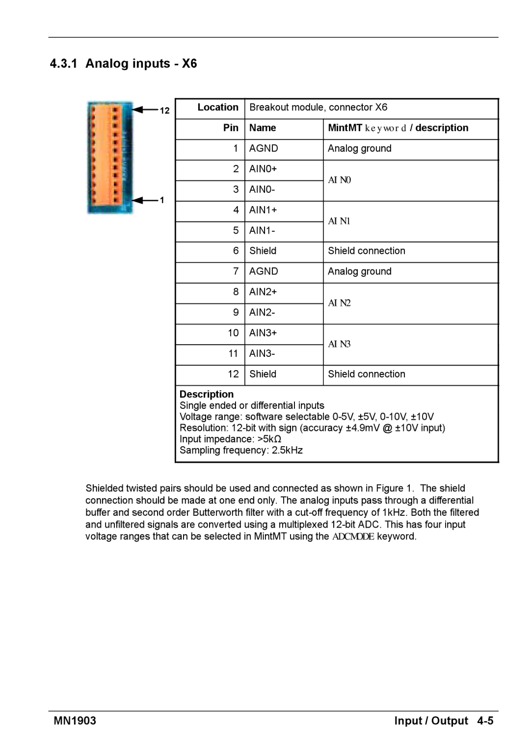 Baldor MN1903 installation manual Analog inputs, Location, Pin Name MintMT keyword / description 