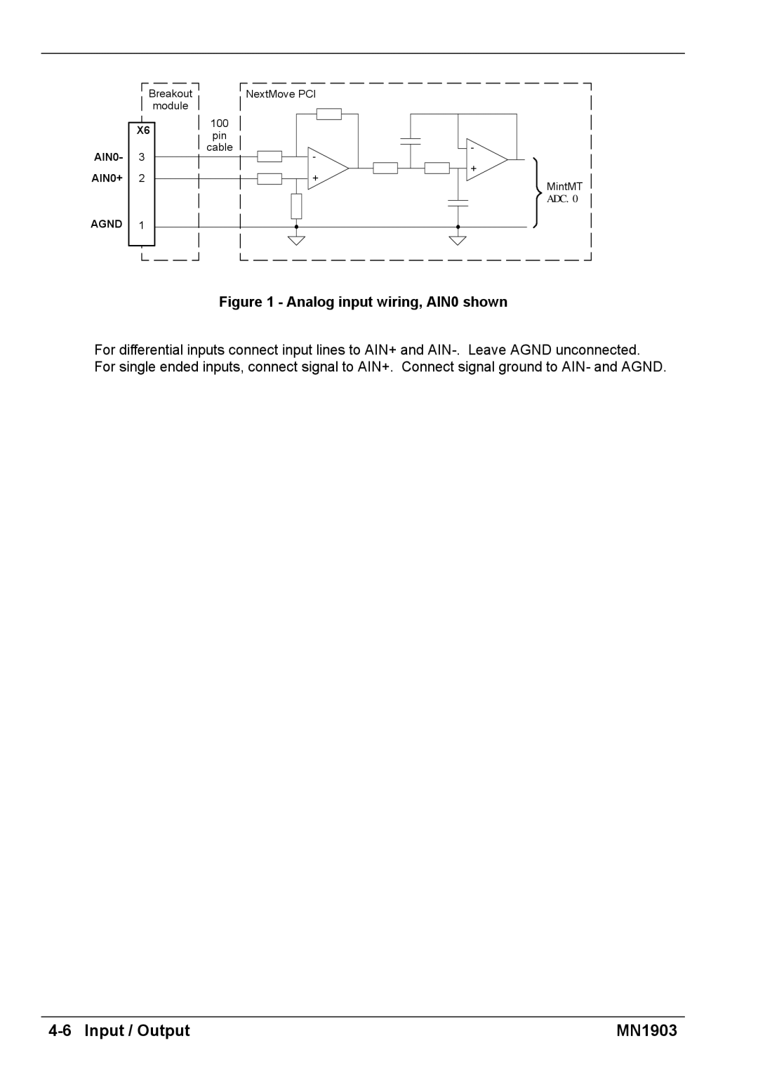 Baldor MN1903 installation manual Analog input wiring, AIN0 shown 