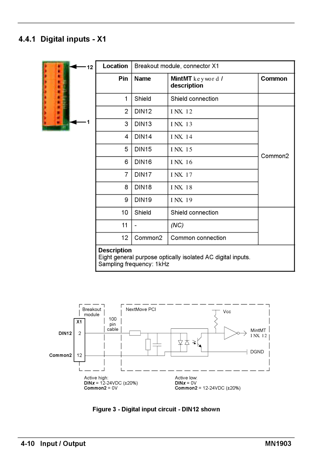 Baldor MN1903 installation manual Digital inputs, Pin Name MintMT keyword Common Description 