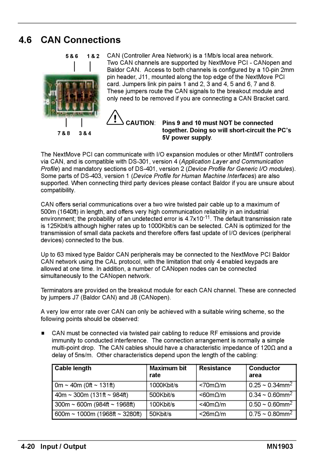 Baldor MN1903 installation manual Can Connections, Cable length Maximum bit Resistance Conductor Rate Area 