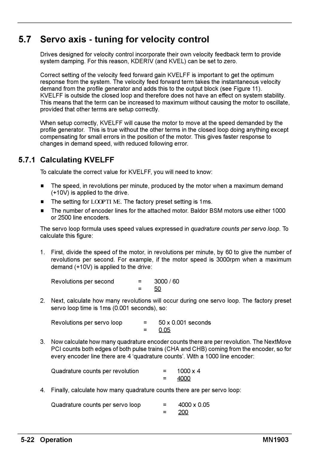 Baldor MN1903 installation manual Servo axis tuning for velocity control, Calculating Kvelff 