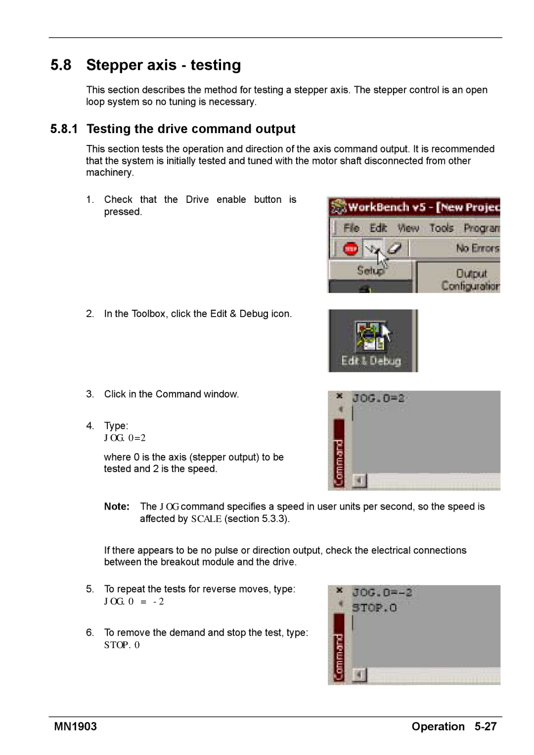 Baldor MN1903 installation manual Stepper axis testing, JOG.0=2 
