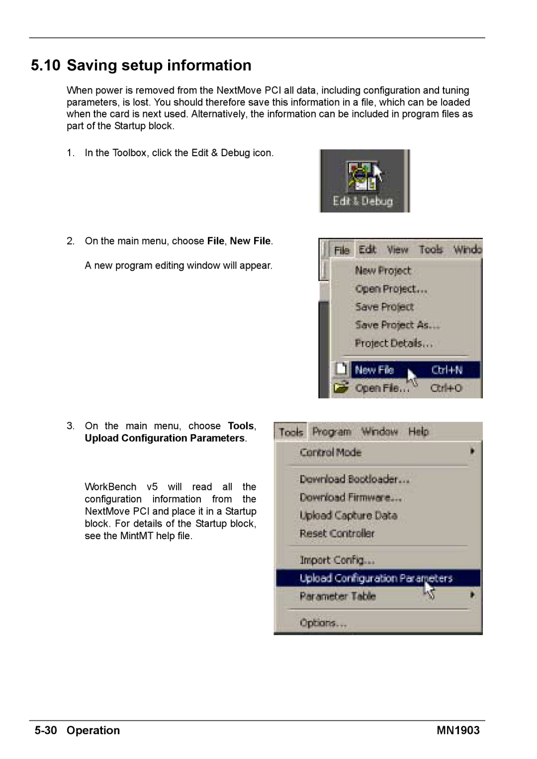 Baldor MN1903 installation manual Saving setup information 