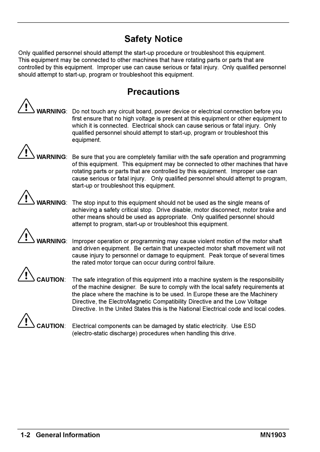 Baldor MN1903 installation manual Safety Notice, Precautions 