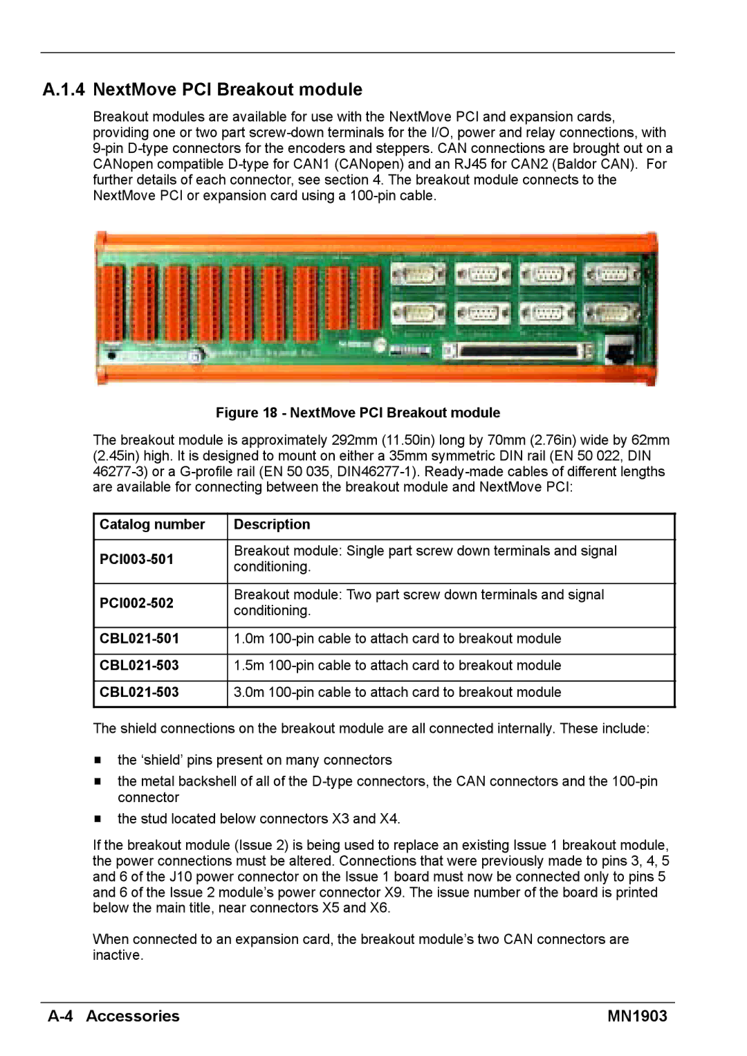 Baldor MN1903 NextMove PCI Breakout module, Catalog number Description PCI003-501, CBL021-501, CBL021-503 