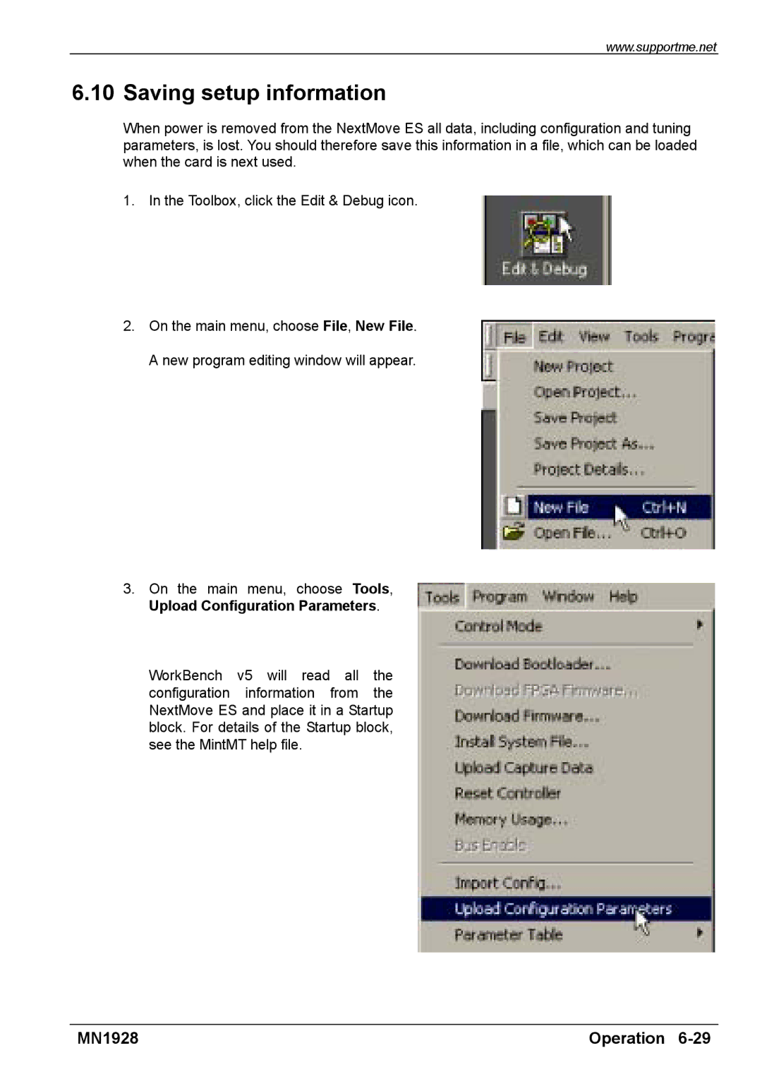 Baldor MN1928 installation manual Saving setup information 