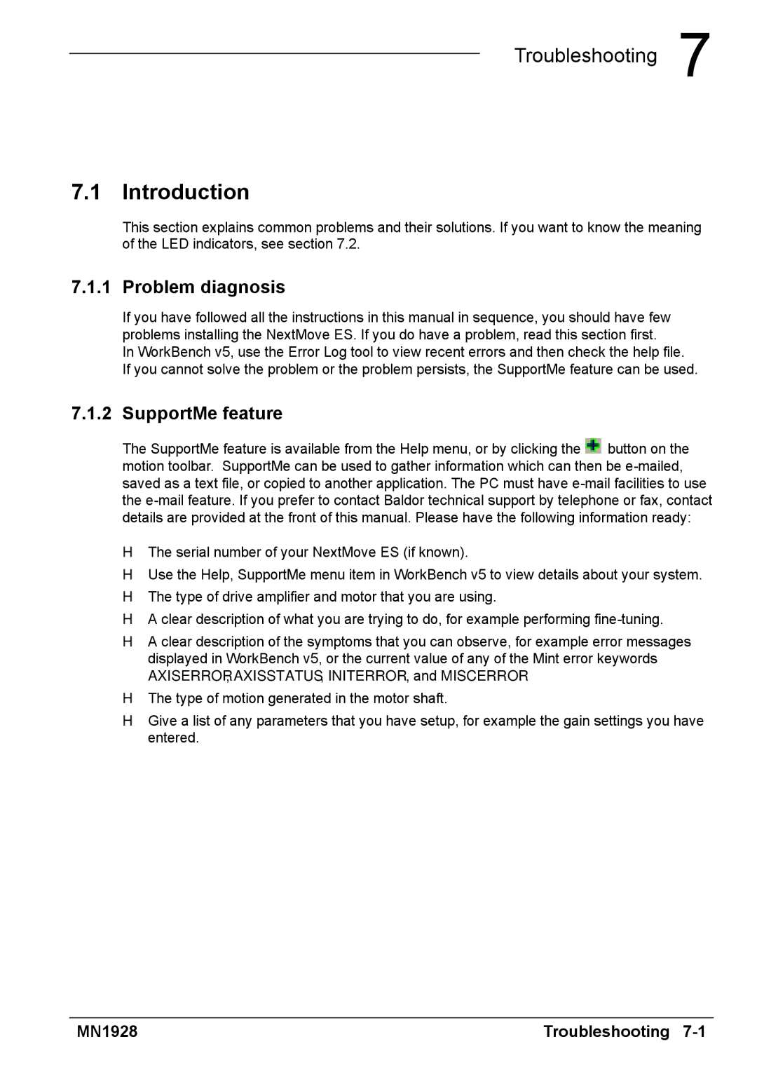 Baldor MN1928 installation manual Problem diagnosis, SupportMe feature 