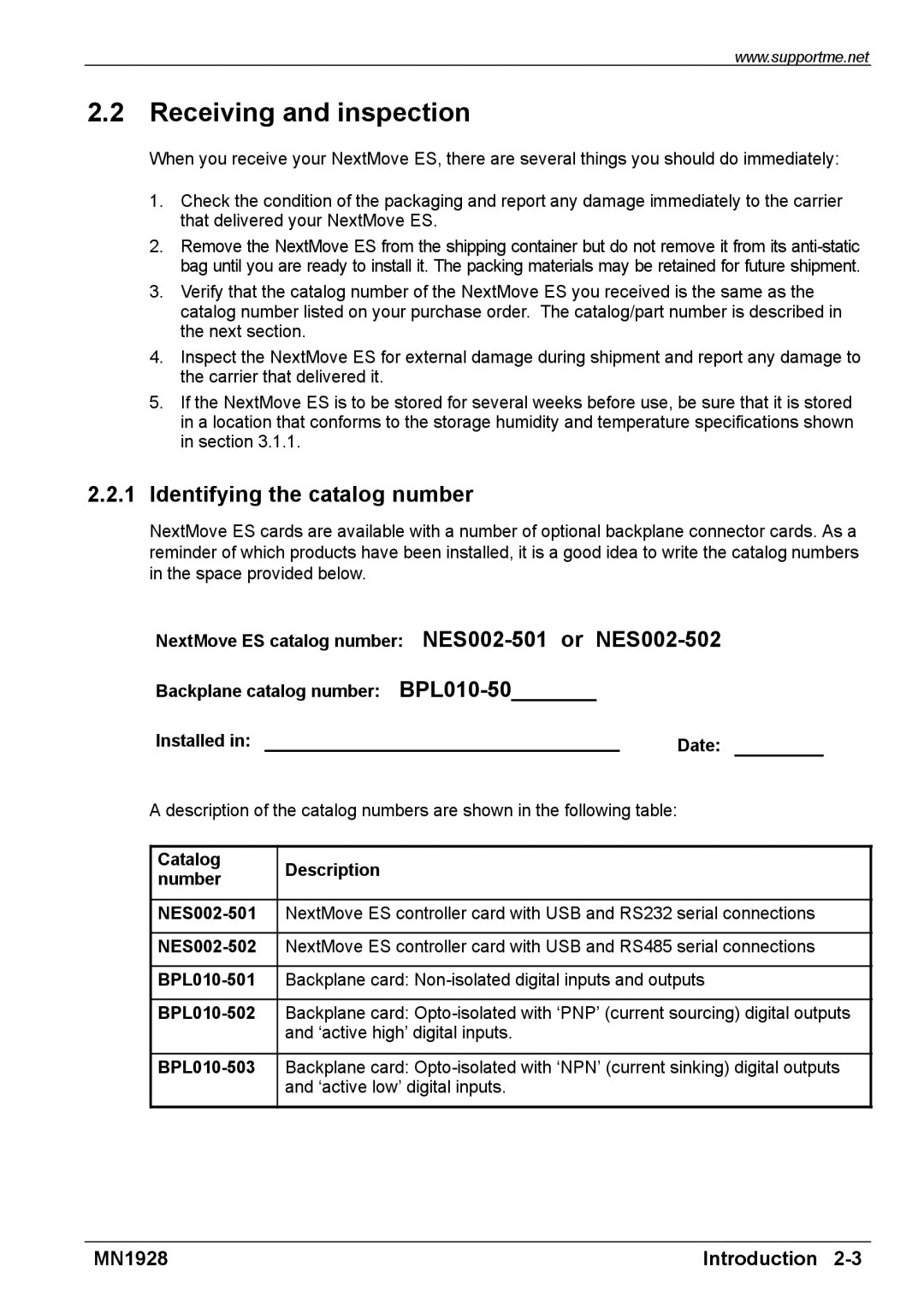 Baldor MN1928 installation manual Receiving and inspection, Installed, Identifying the catalog number, Date 