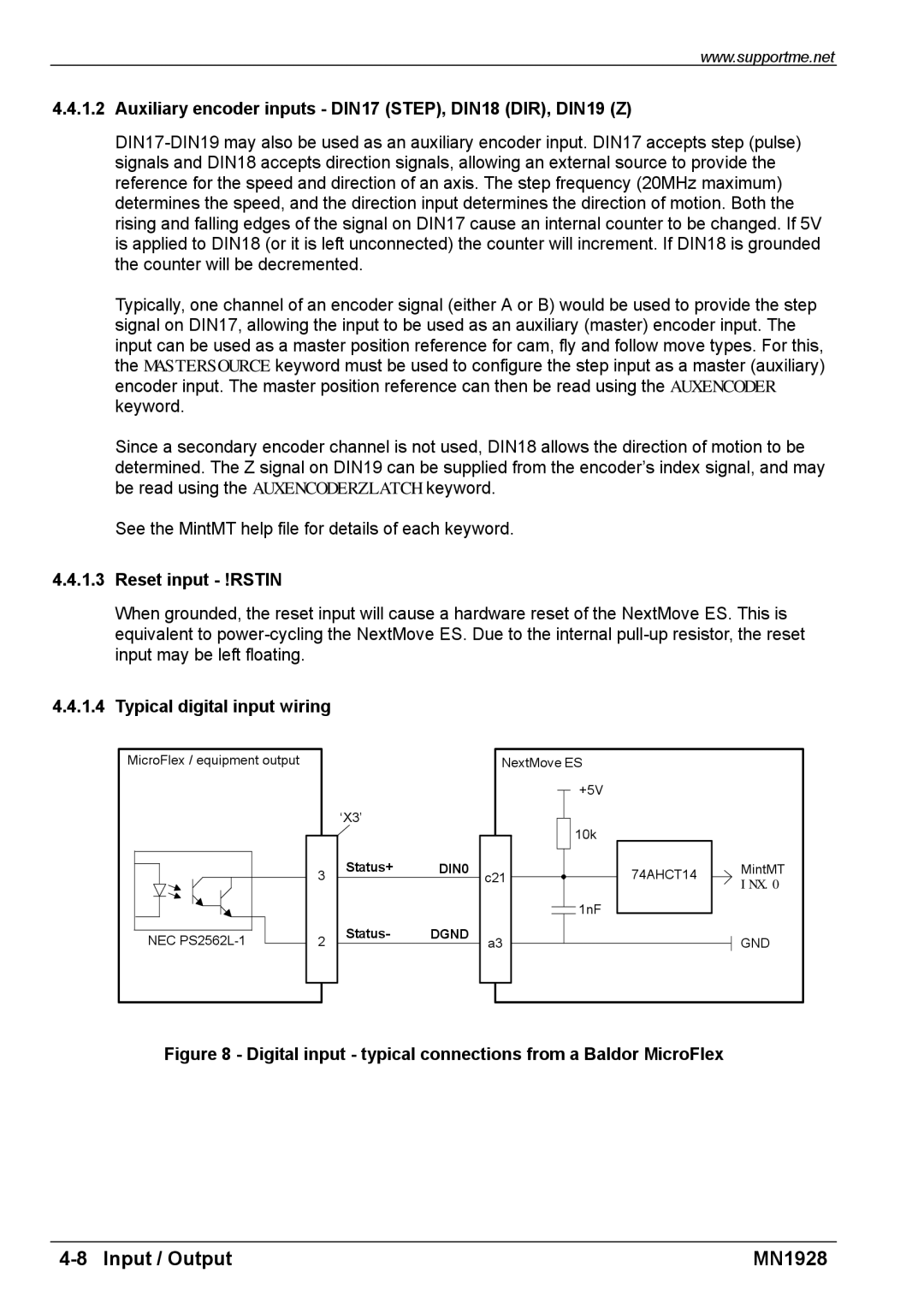 Baldor MN1928 Auxiliary encoder inputs DIN17 STEP, DIN18 DIR, DIN19 Z, Reset input !RSTIN, Typical digital input wiring 