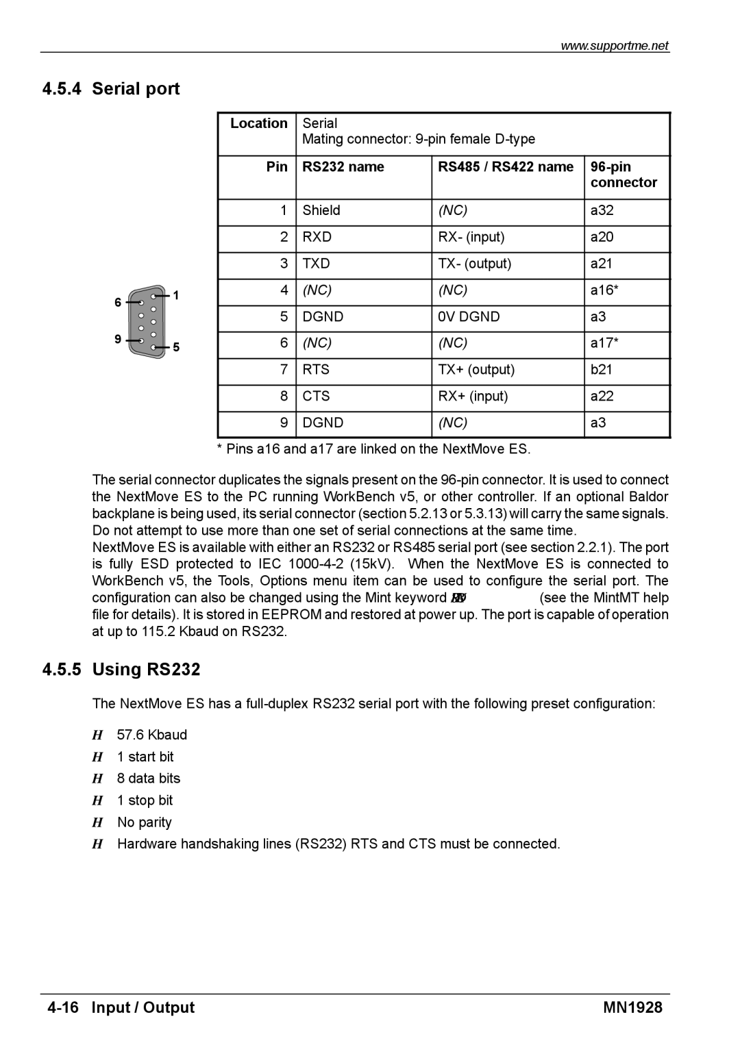 Baldor MN1928 installation manual Serial port, Using RS232, Pin RS232 name RS485 / RS422 name 96-pin Connector 