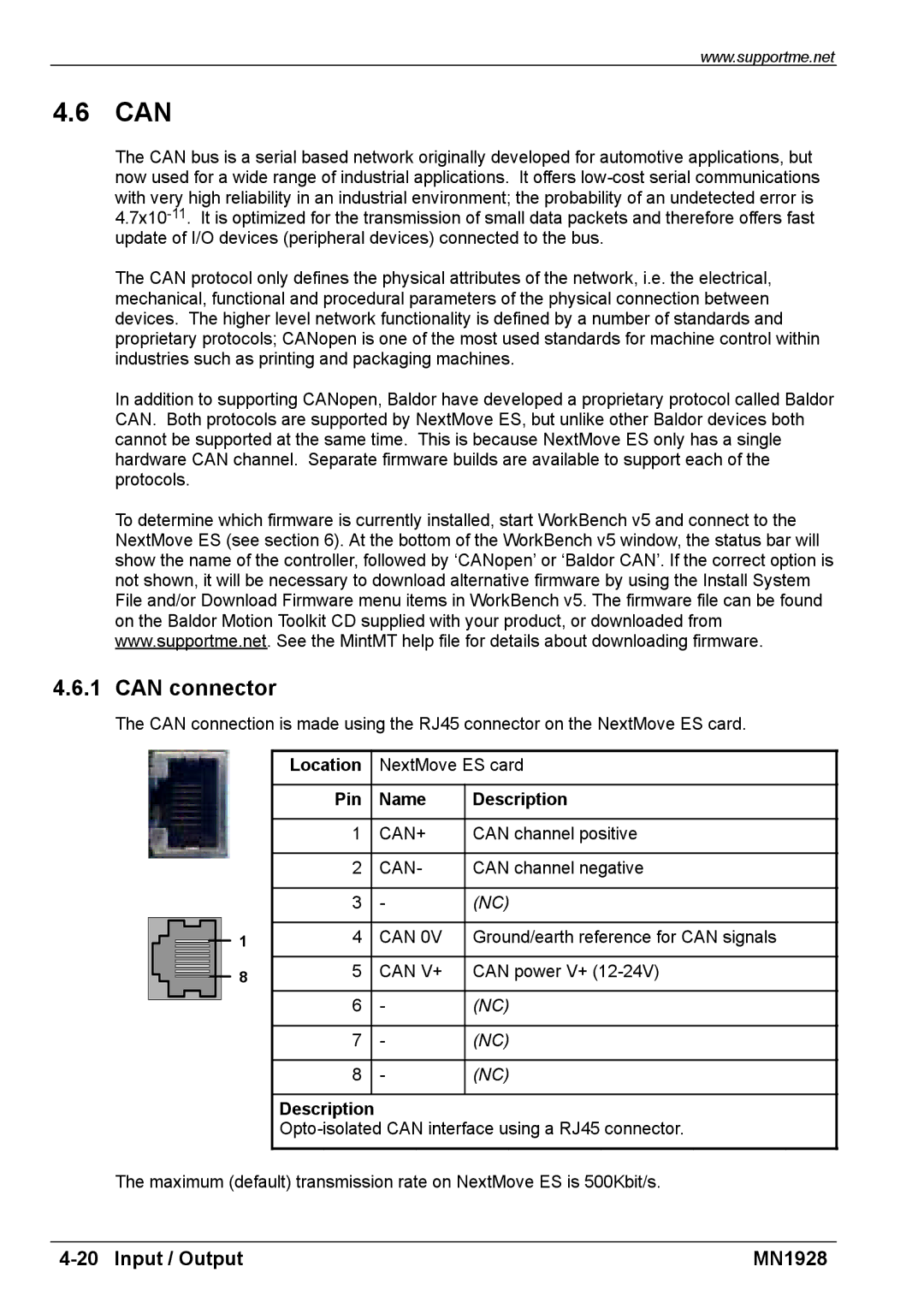 Baldor MN1928 installation manual Can connector 