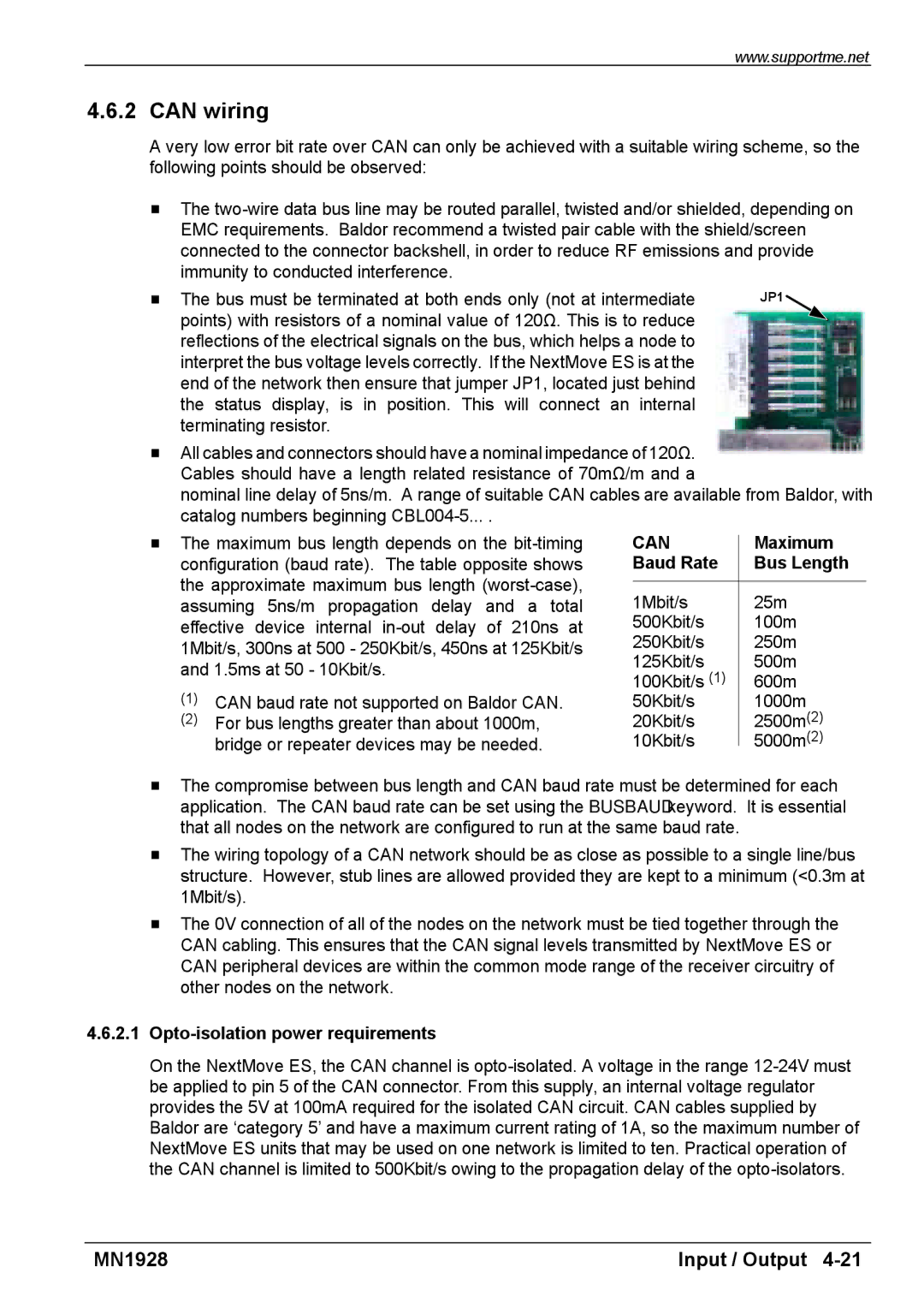 Baldor MN1928 installation manual Can wiring, Maximum, Baud Rate Bus Length, Opto-isolation power requirements 