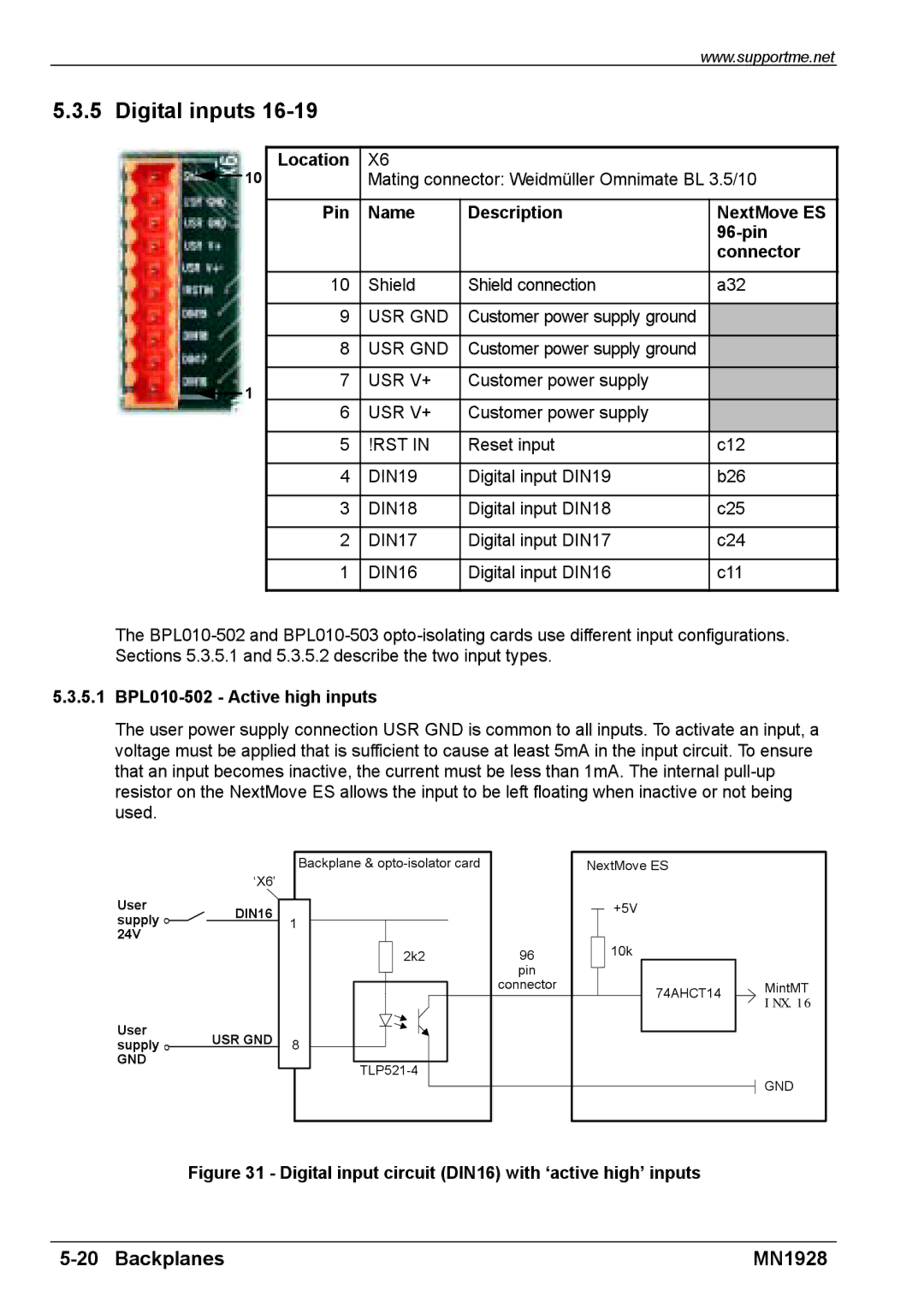 Baldor MN1928 installation manual 5.1 BPL010-502 Active high inputs, Digital input circuit DIN16 with ‘active high’ inputs 