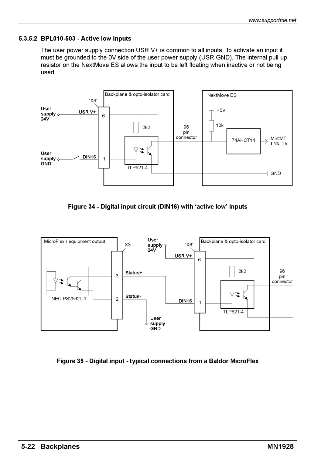 Baldor MN1928 installation manual 5.2 BPL010-503 Active low inputs, Digital input circuit DIN16 with ‘active low’ inputs 