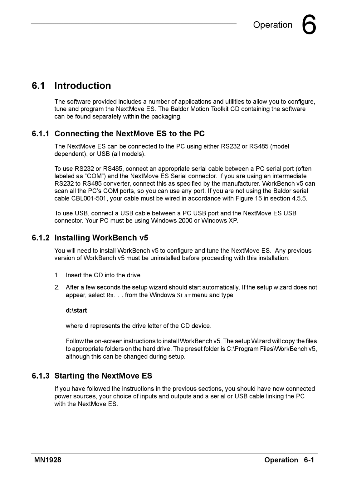Baldor MN1928 Connecting the NextMove ES to the PC, Installing WorkBench, Starting the NextMove ES, start 