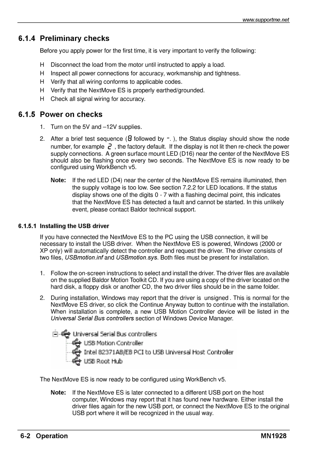 Baldor MN1928 installation manual Preliminary checks, Power on checks, Installing the USB driver 