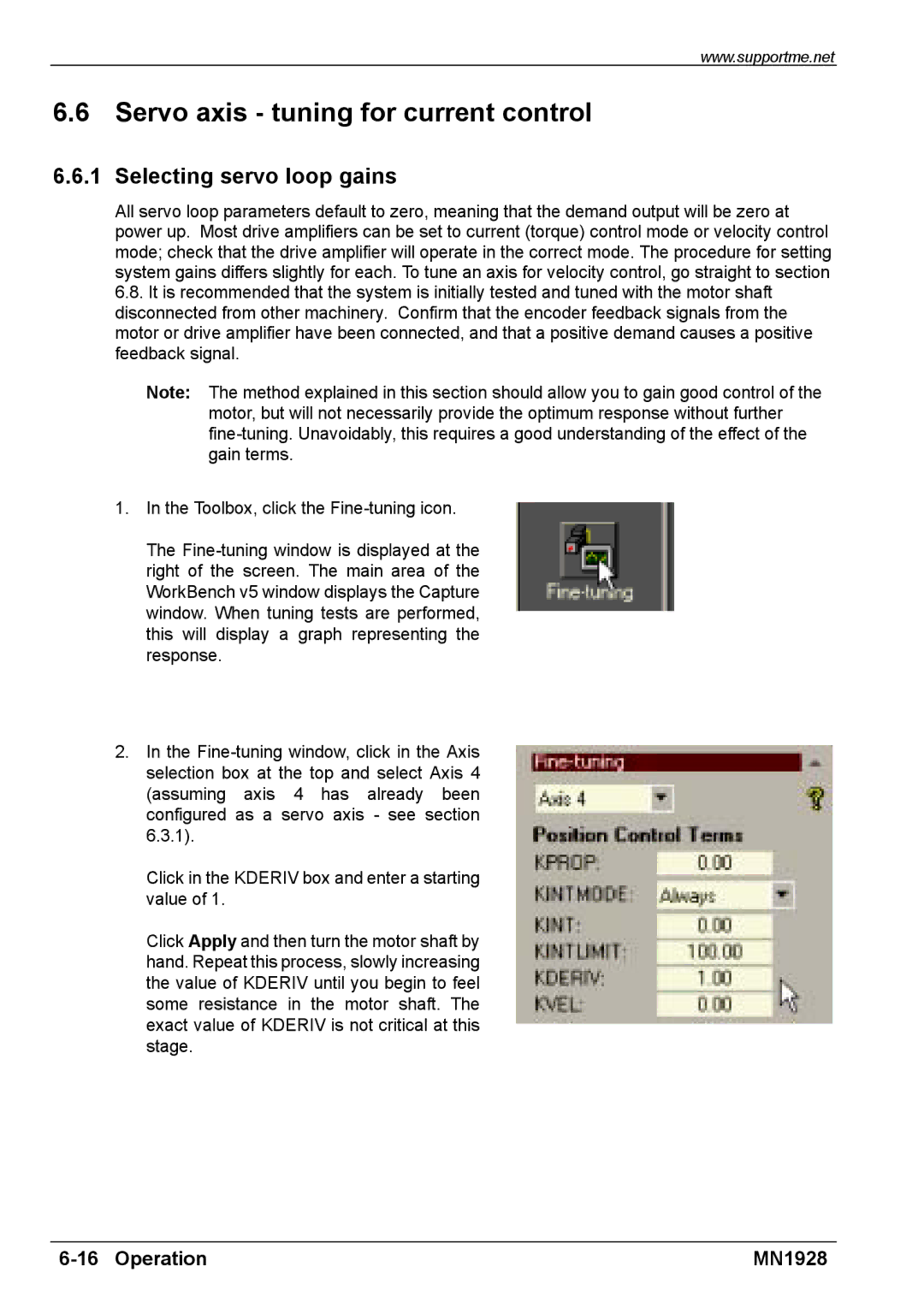 Baldor MN1928 installation manual Servo axis tuning for current control, Selecting servo loop gains 