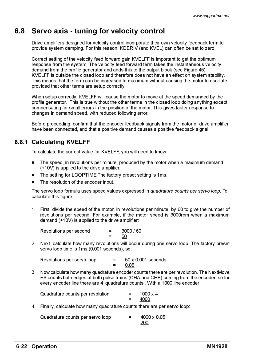 Baldor MN1928 installation manual Servo axis tuning for velocity control, Calculating Kvelff 