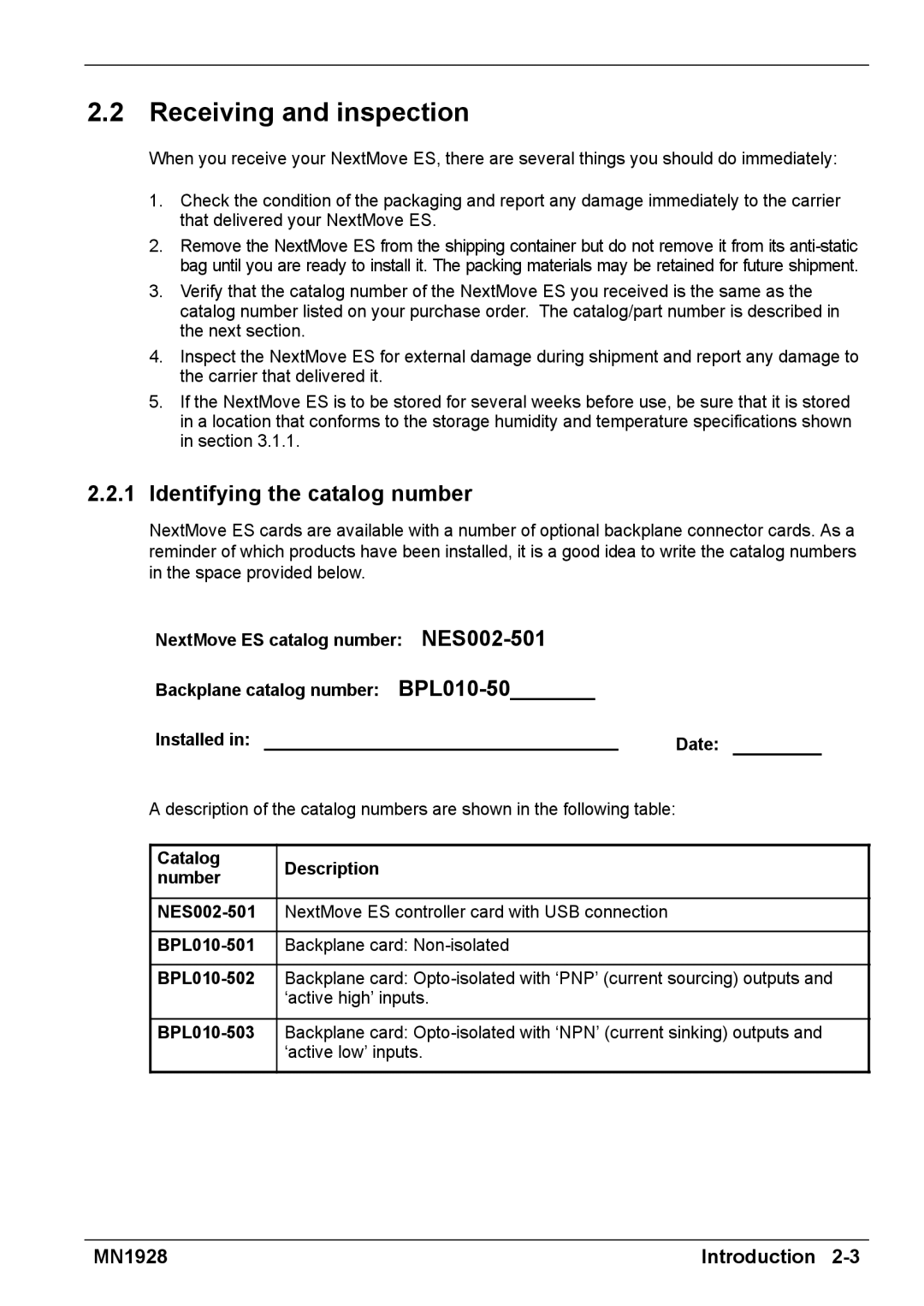 Baldor MN1928 installation manual Receiving and inspection, Installed, Identifying the catalog number 