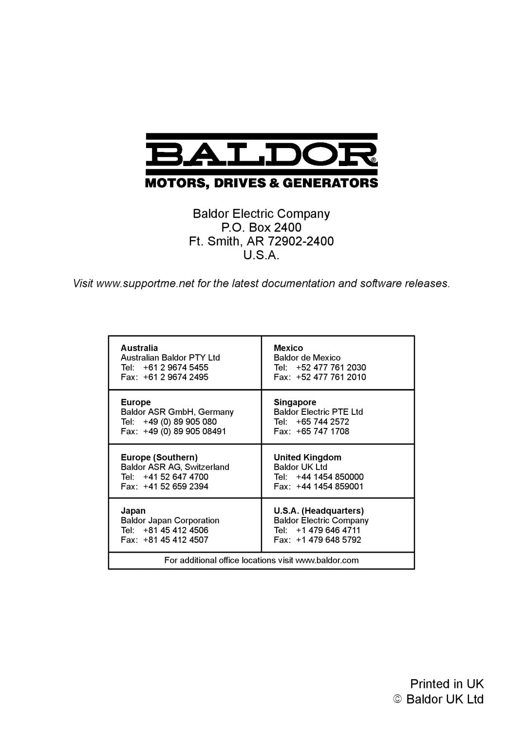 Baldor MN1928 installation manual Baldor Electric Company Box Ft. Smith, AR 