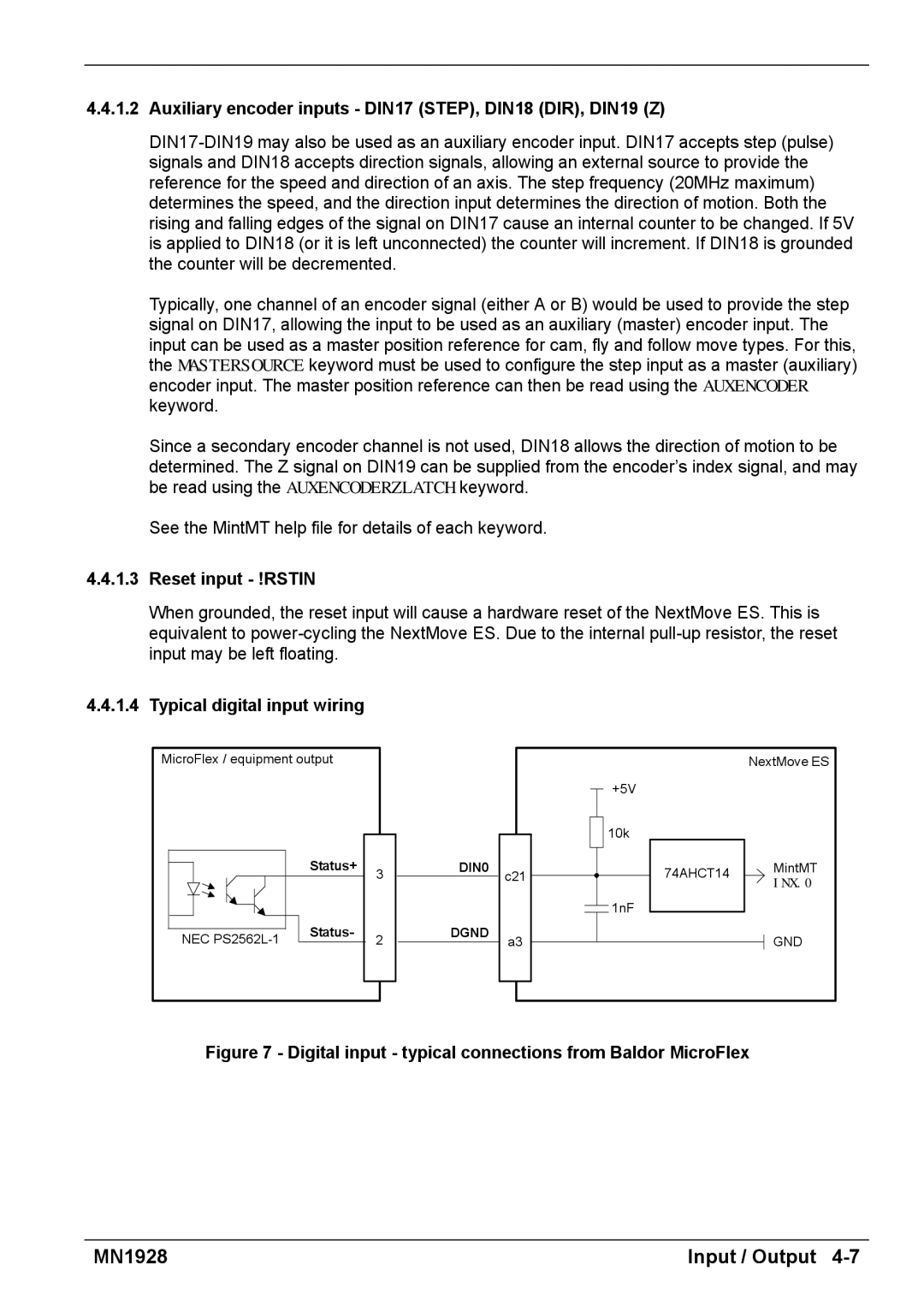 Baldor MN1928 Auxiliary encoder inputs DIN17 STEP, DIN18 DIR, DIN19 Z, Reset input !RSTIN, Typical digital input wiring 