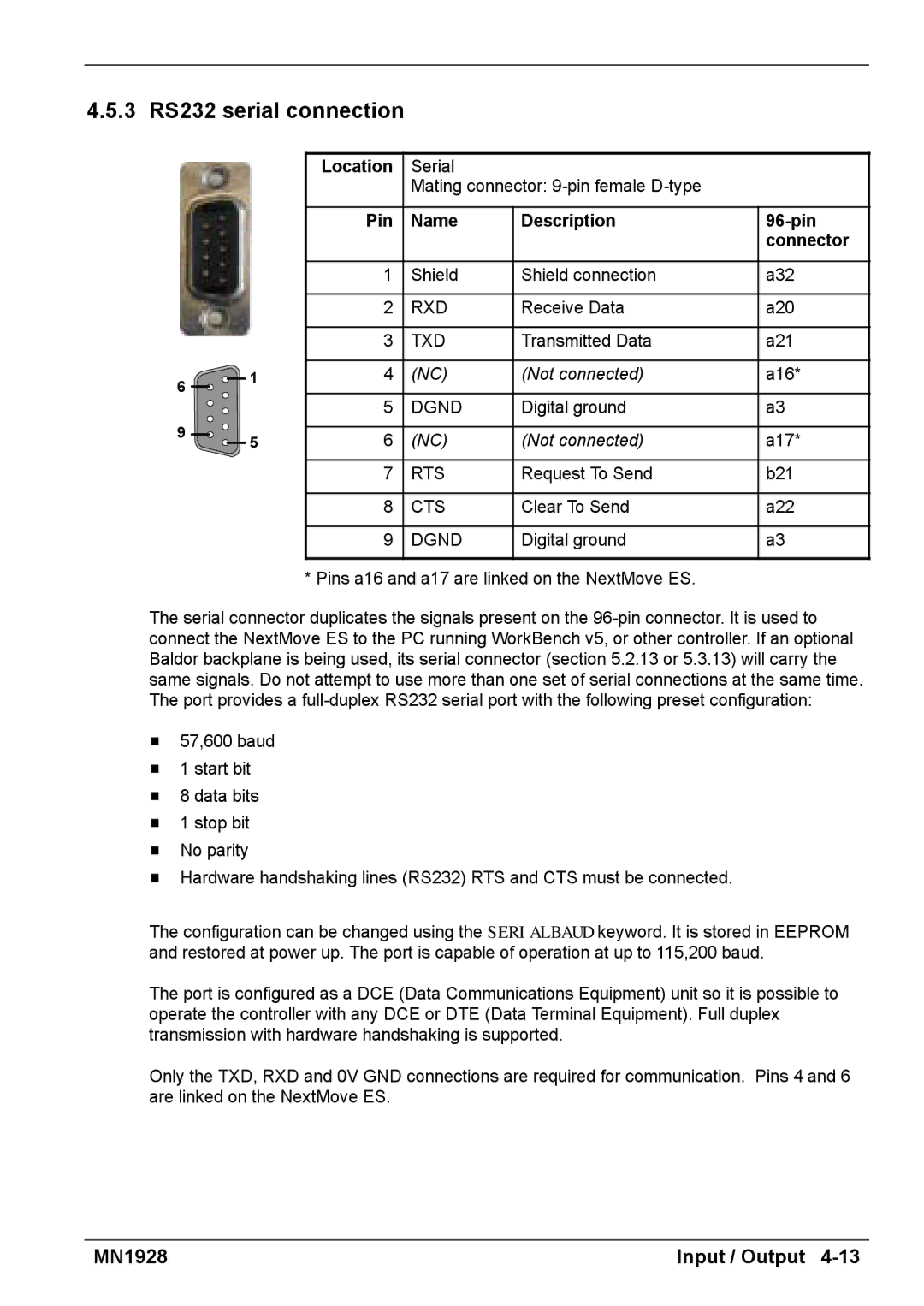 Baldor MN1928 installation manual 3 RS232 serial connection, Location, Pin Name Description 96-pin Connector 