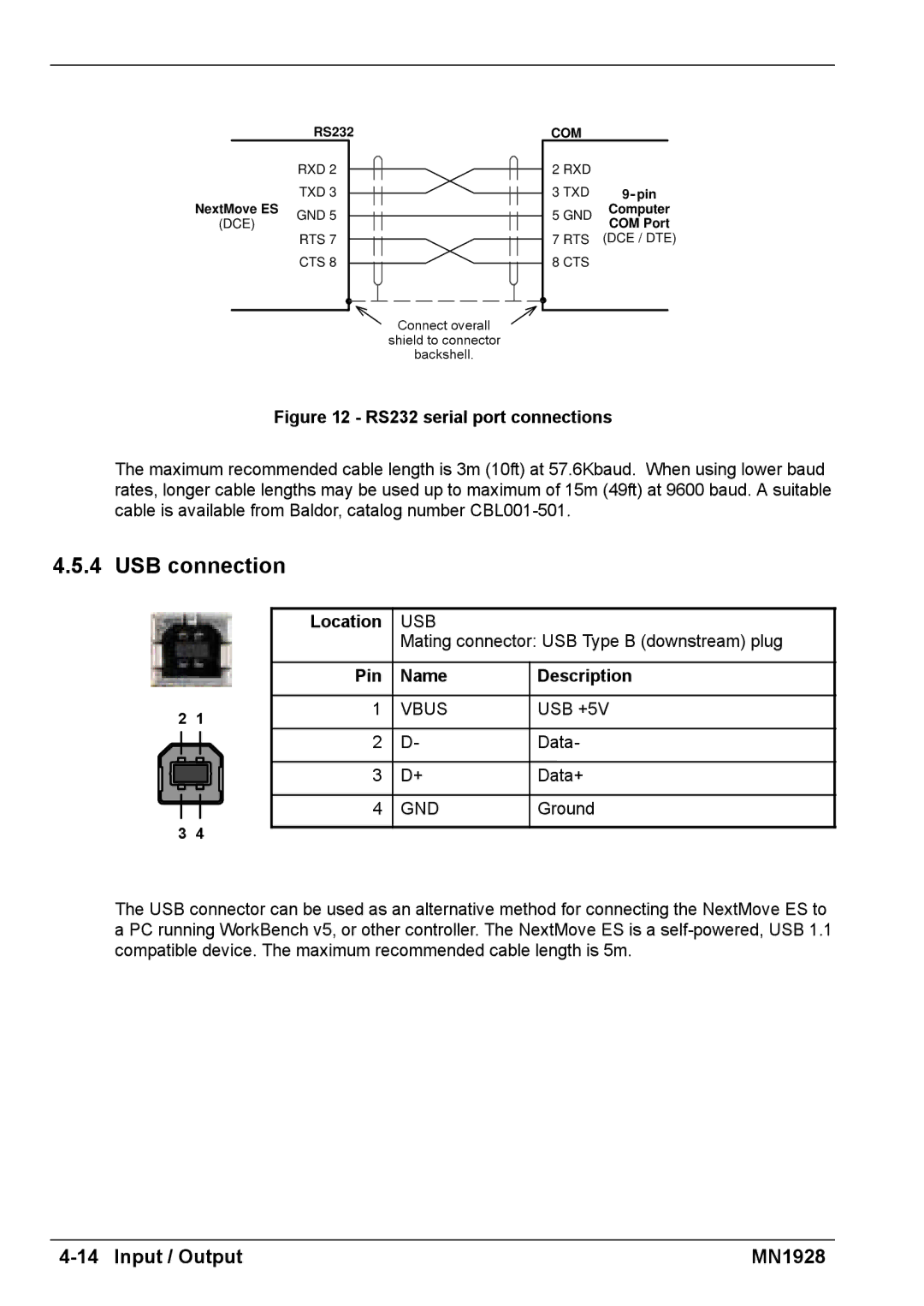 Baldor MN1928 installation manual USB connection, Pin Name Description 