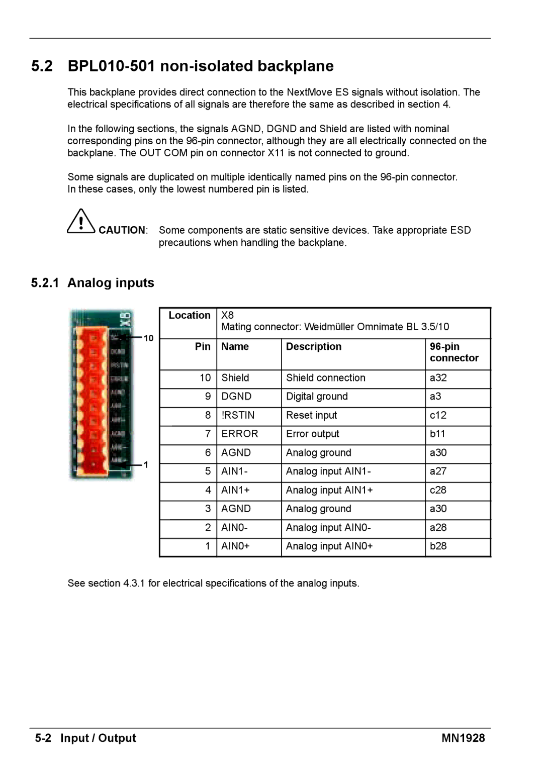 Baldor MN1928 installation manual BPL010-501 non-isolated backplane, Analog inputs 