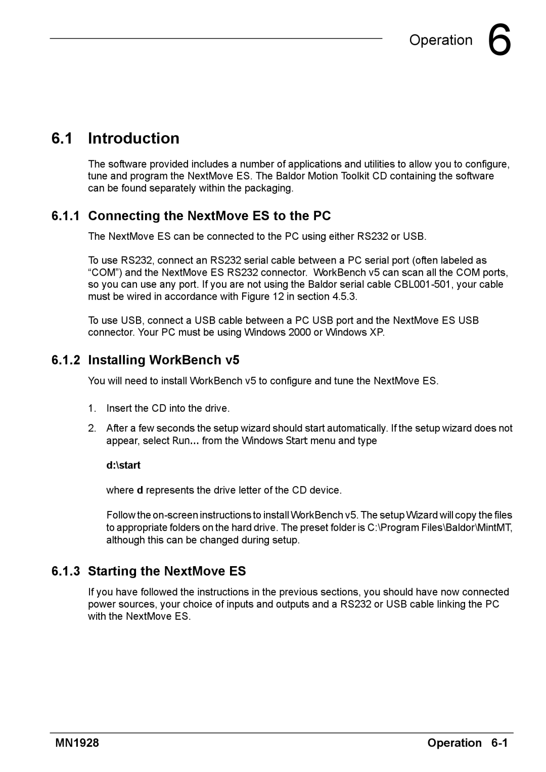 Baldor MN1928 Connecting the NextMove ES to the PC, Installing WorkBench, Starting the NextMove ES, start 