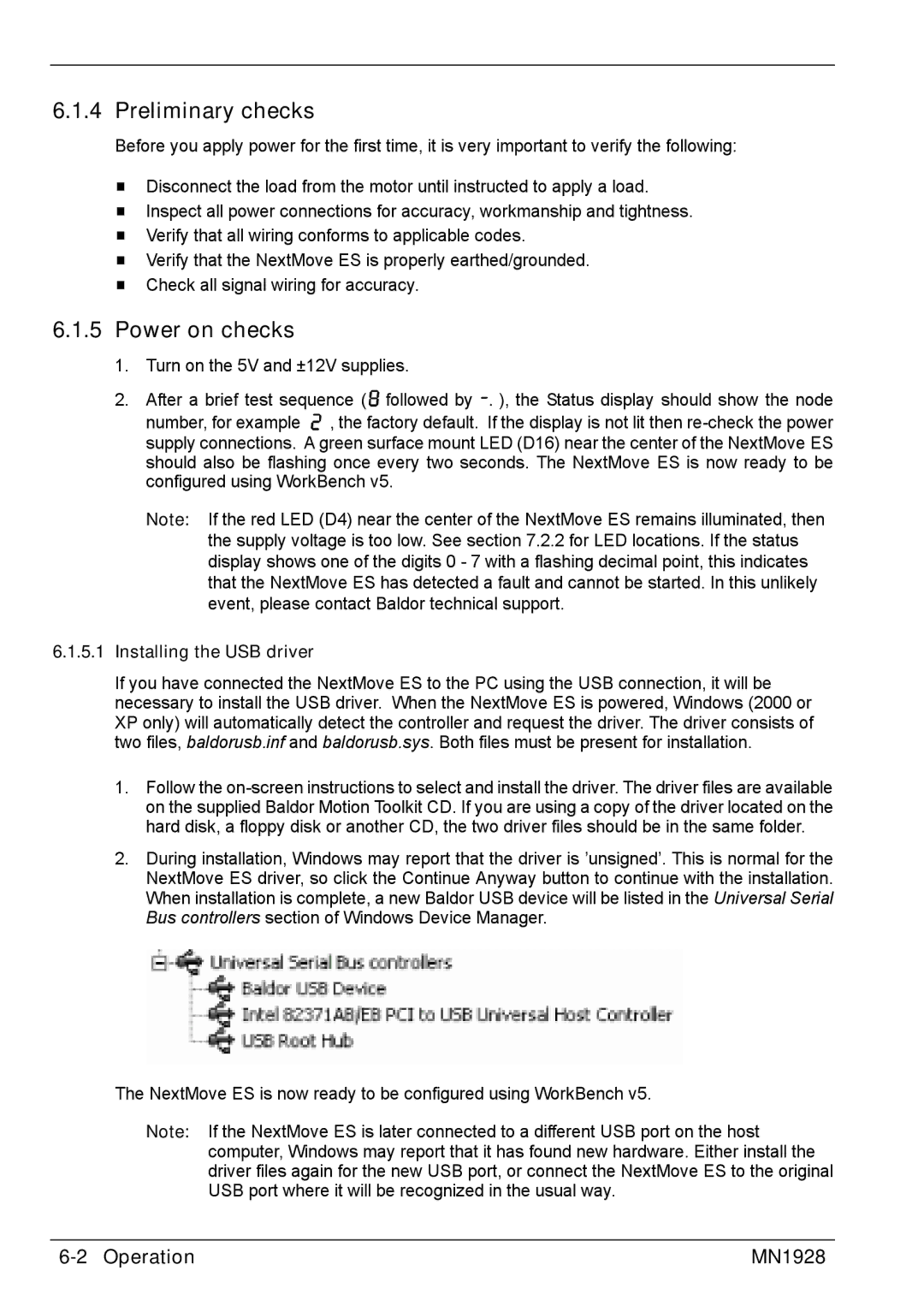 Baldor MN1928 installation manual Preliminary checks, Power on checks, Installing the USB driver 