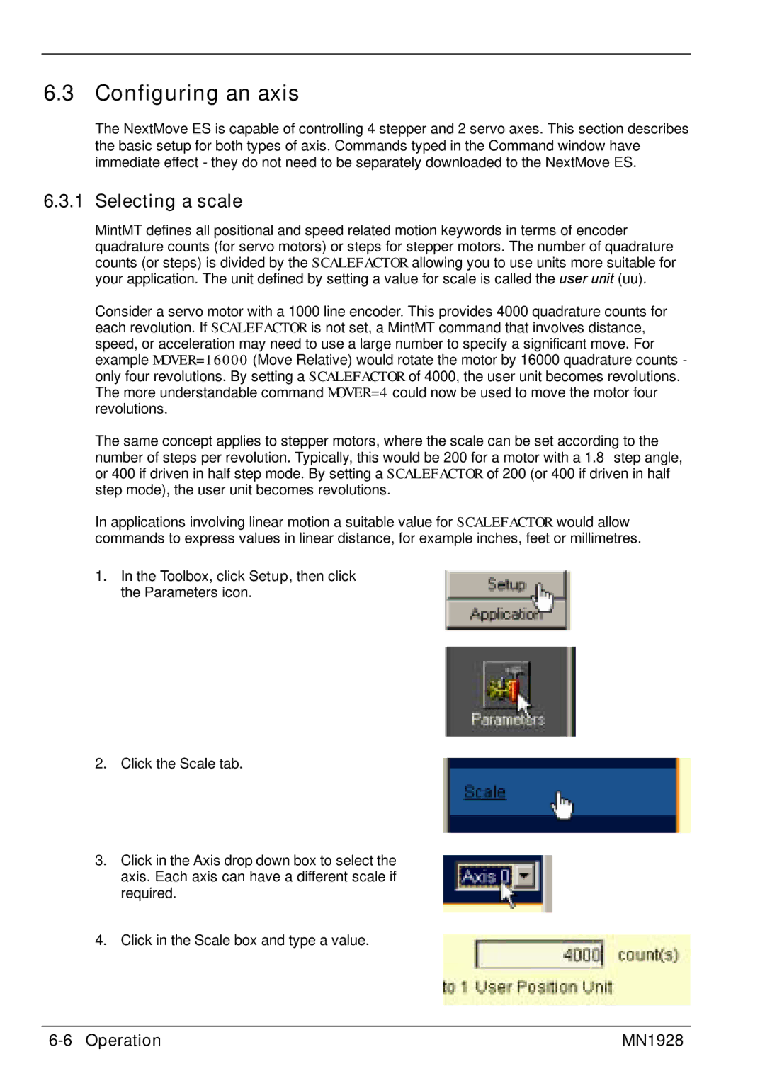 Baldor MN1928 installation manual Configuring an axis, Selecting a scale 